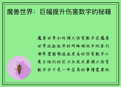 魔兽世界：巨幅提升伤害数字的秘籍